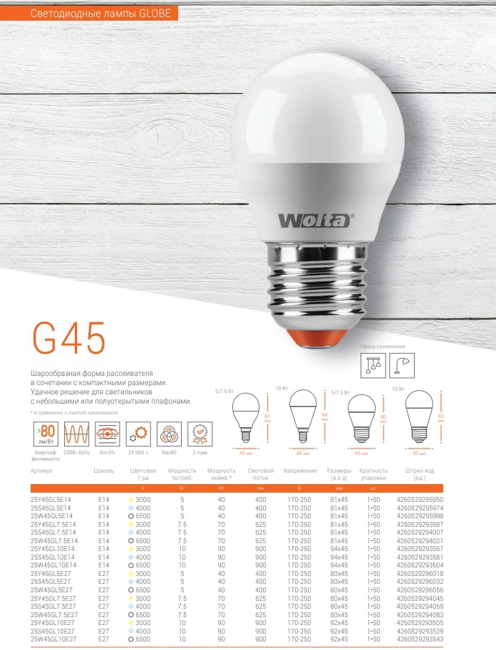 Светодиодная лампа WOLTA 25Y45GL10E27 "Шар" G45 10Вт 825лм 3000К Е27 1/50