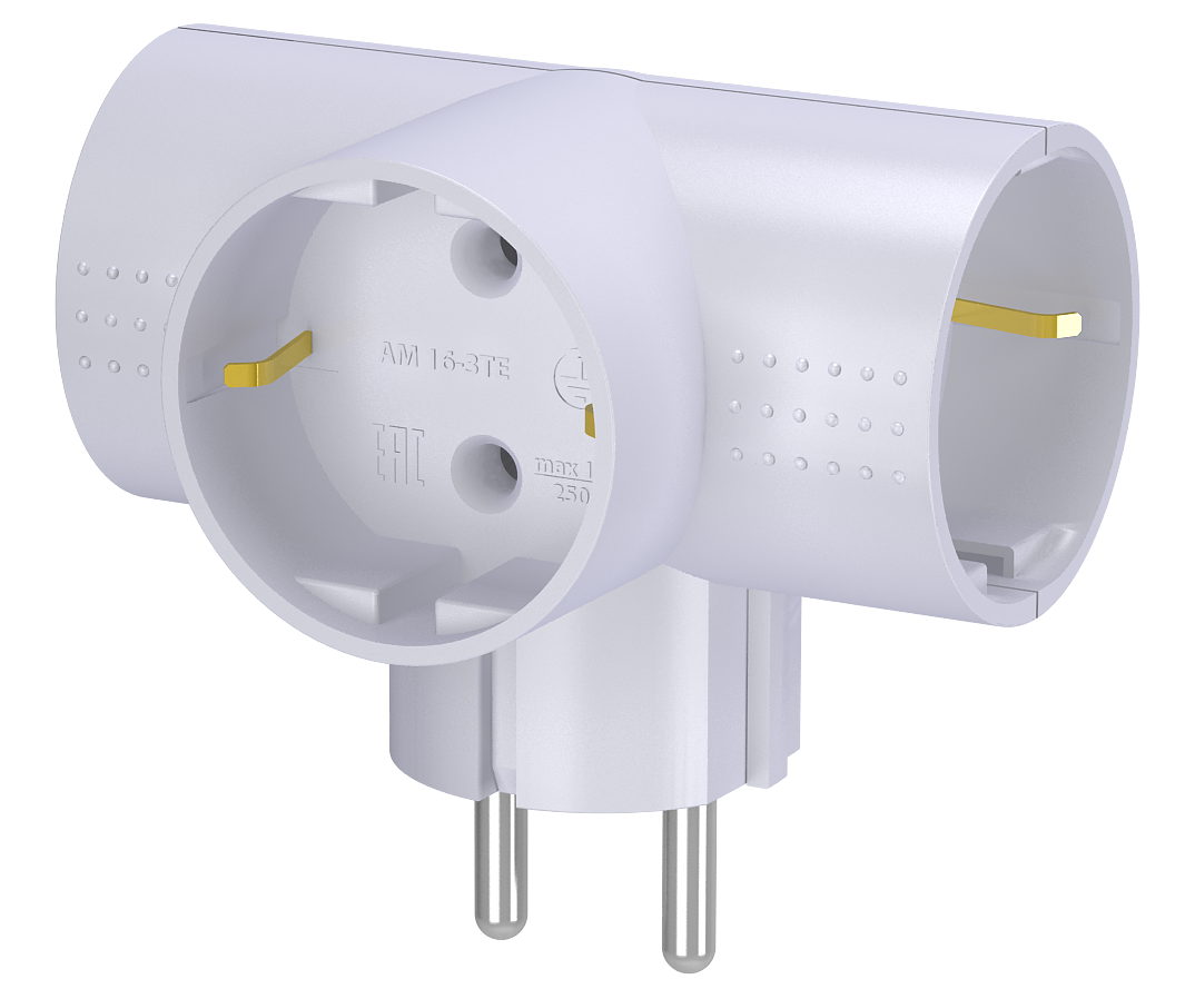 Разветвитель  "Фотон" электрический (тройник, Т-обр.) АМ 16-3ТЕ, 16А, с заземлением, белый