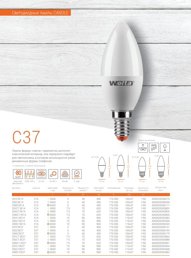 Светодиодная лампа WOLTA 25SC10E14 "Свеча" C37 10Вт 825лм 4000К Е14 1/50