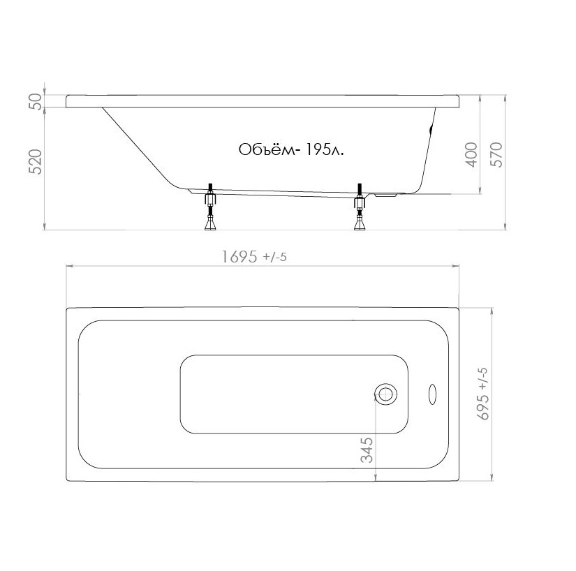 Ванна Ультра 170+Установочный комплект для прямоугольных ванн шириной 70 см