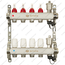 Коллекторная группа Ondo нерж сталь 4 выхода в сборе с расходомерами и термостатическими клапанами
