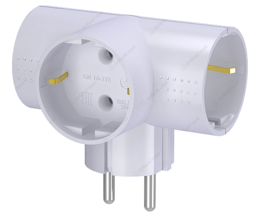 Разветвитель  "Фотон" электрический (тройник, Т-обр.) АМ 16-3ТЕ, 16А, с заземлением, белый