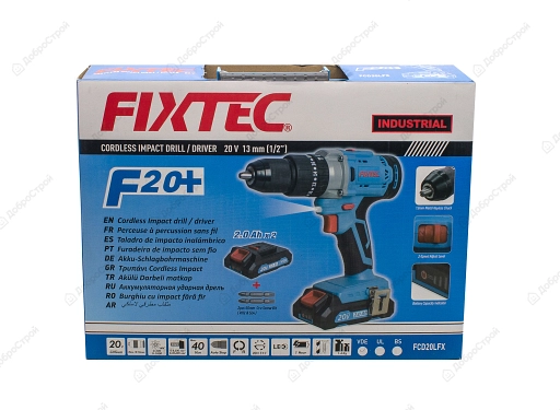 Дрель аккумуляторная Fixtec FCD20FLX, ударная, 20В, 2 аккумулятора